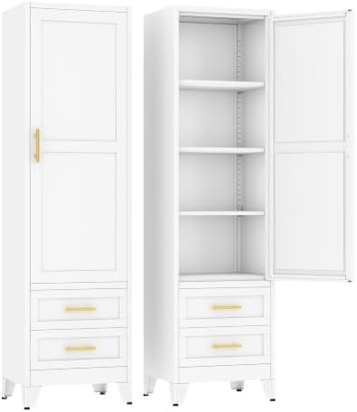 Ckzbx Tall Narrow Storage Cabinet, 66.93" H Tall Bathroom Cabinet Metal Pantry Cabinets with Drawers, 3 Adjustable Shelves, for Kitchen, Bathroom, Home Office, Living Room (White)