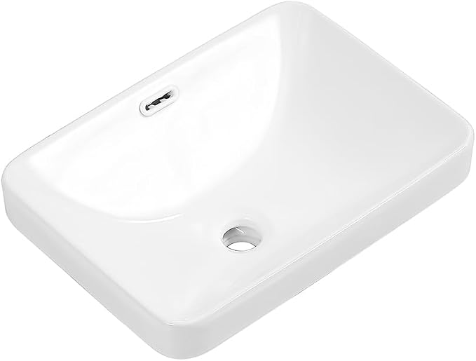 Bathroom Rectangle Vessel Sink 18" x 13" Rectangle Semi Recessed Sink White Drop in Square ceramic Sink with Overflow Modern Sinks Bowl Vanity Above Counter Basin