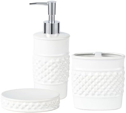 3-Piece White Ceramic Bathroom Accessories Set - Luxurious Soap Dispenser, Toothbrush Holder & Soap Dish with Modern Geo Embossed Design for Bathroom Accessory Set
