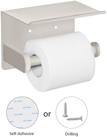 VAEHOLD Self Adhesive Toilet Paper Holder with Phone Shelf SUS 304 Stainless Steel Wall Mounted Toilet Paper Roll Holder - Rustproof and Bathroom Washroom Tissue Roll Holder with Shelf -Beige