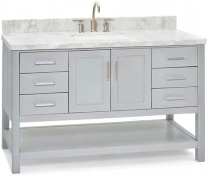 DKB Olivia 54" Grey Bathroom Vanity with Sink, 1.5" Edge Italian Carrara Marble Countertop, Rectangular Undermount Sink, 2 Soft Closing Doors, 6 Dovetail Drawers