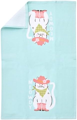 Ritz 4-Piece Kitchen Towel Set, Meowdy Cat & Daisy Boot Prints with Pine Green & Yellow Textured Terry, 100% Cotton & Absorbent Blend, 16" x 26", Western Boho Coastal Cowgirl Decor