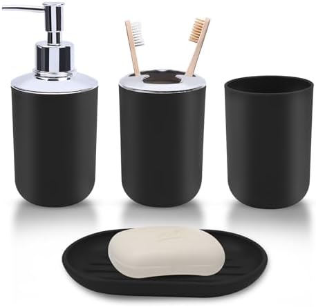 LGURT Matte Black Plastic Bath Set — 4-Pc Dispenser, Holder, Cup & Dish