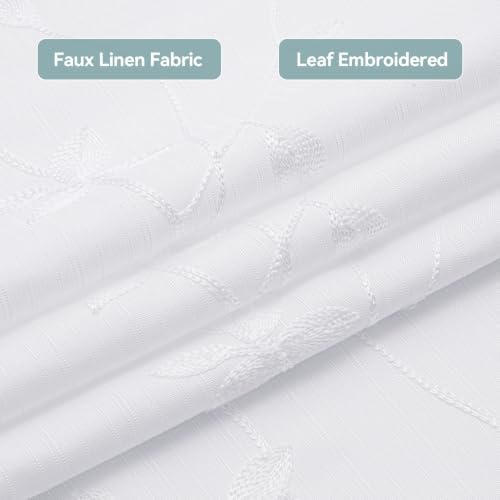 Embroidered Leaf Farmhouse Shower Curtain,Faux Linen,72Wx72L,White