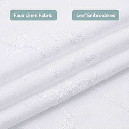 Embroidered Leaf Farmhouse Shower Curtain,Faux Linen,72Wx72L,White