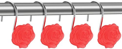 Decorative Rose Flower Shower Curtain Hooks, Red, Glow in The Dark, 12 Pack