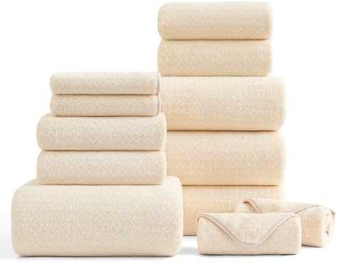Ultra Soft Bath Towel Set,12 Piece (4 Bath Towels,4 Hand Towels,4 Washcloths) Family Bathroom Towel Set with Hanging Loops,Quick Dry Extra Absorbent Fluffy Shower Towel for Bathroom,Hotel,Spa-Beige