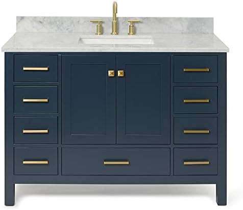 ARIEL Cambridge 48-inch Bathroom Vanity with Sink,Solid Wood, 0.75-inch Italian Carrara Marble Countertop, Single Rectangular Porcelain Sink, 2 Soft Closing Doors, 9 Dovetail Drawers, Midnight Blue