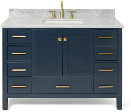 ARIEL Cambridge 48-inch Bathroom Vanity with Sink,Solid Wood, 0.75-inch Italian Carrara Marble Countertop, Single Rectangular Porcelain Sink, 2 Soft Closing Doors, 9 Dovetail Drawers, Midnight Blue