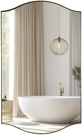 ANDY STAR Rectangle Scalloped Mirror, 24"x40" Brushed Gold Bathroom Mirror in SUS304 Stainless Steel Metal Frame, Brass Vanity Mirror with Unique Arched Top Design