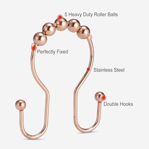 Goowin Shower Curtain Hooks, 12 Pcs Shower Curtain Rings, Stainless Steel Shower Curtain Hangers, Double Hook Shower Curtain Hooks, Smooth Sliding Anti-Drop Shower Rings for Curtain (Rose Gold)