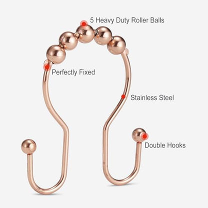 Goowin Shower Curtain Hooks, 12 Pcs Shower Curtain Rings, Stainless Steel Shower Curtain Hangers, Double Hook Shower Curtain Hooks, Smooth Sliding Anti-Drop Shower Rings for Curtain (Rose Gold)