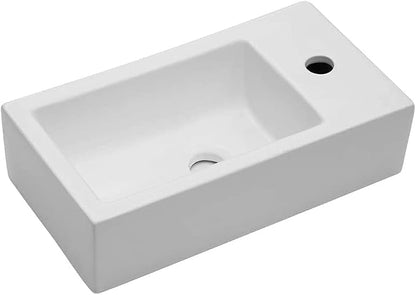 Dcolora 18x10 Inch Floating Vessel Sink, Small Wall Mounted Right Hand Bathroom Sink, White Ceramic Porcelain Rectangle Basin for Bathroom
