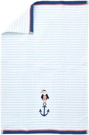 Ritz 2-Piece Cotton Velour Bathroom Hand Towel Set, Embroidered Anchor Seagull, Blue Pinstripe Coastal Towels for Lake House, Beach, Nautical Decor, 16” x 26”