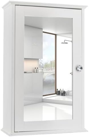 Karl home White Wall Mounted Medicine Cabinet, Single Mirror Bath Storage | Wooden Wall Cabinet with Adjustable Shelves for Bathroom, Living Room, Entryway Storage