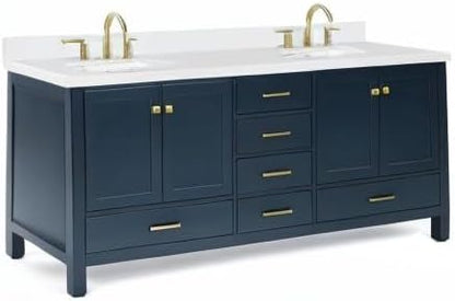 ARIEL Cambridge 72-inch Bathroom Vanity with Sink,Solid Wood, 1.5-inch Pure White Quartz Countertop & Backsplash, Double Oval Porcelain Sink, 4 Soft Closing Doors, 6 Dovetail Drawers, Midnight Blue