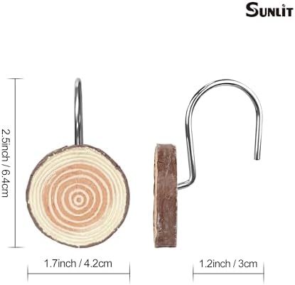 Sunlit Farmhouse Wooden Slices Shower Curtain Hooks, Rustic Home Decorative Shower Curtain Rings for Bathroom, Resin Shower Curtain Hangers Bathroom Accessories, Set of 12, Brown
