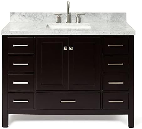 ARIEL Cambridge 48-inch Bathroom Vanity with Sink,Solid Wood, 1.5-inch Italian Carrara Marble Countertop, Single Rectangular Porcelain Sink, 2 Soft Closing Doors, 9 Dovetail Drawers, Espresso