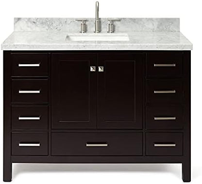 ARIEL Cambridge 48-inch Bathroom Vanity with Sink,Solid Wood, 1.5-inch Italian Carrara Marble Countertop, Single Rectangular Porcelain Sink, 2 Soft Closing Doors, 9 Dovetail Drawers, Espresso