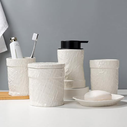 White Bathroom Accessory Set 5PCS, Ceramic Bathroom Accessories Set, Minimalist Textured Design Liquid Soap Dispenser Set Complete, Home Bathroom Decor Vanity Countertop, ANTIS'S HOME