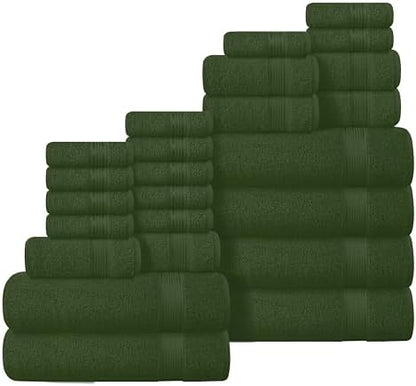 Belizzi Home 100% Cotton Towel Set, Contains 6 Soft Bath Towel, 6 Hand Towels, 12 Wash Cloths - Compact Absorbent Lightweight & Quickdry Towels for Bathroom - 24 Piece Bathroom Towel Set - Olive Green