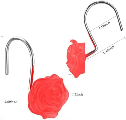 Decorative Rose Flower Shower Curtain Hooks, Red, Glow in The Dark, 12 Pack