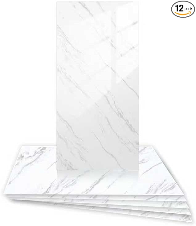 12pcs White Marble Peel and Stick Tiles 23.6"x11.8" Waterproof Heat Resistant Self Adhesive Removable PVC Wall Panels for Kitchen Backsplash, Bathroom, Laundry Room (Not Real Tile, Not for Floor)
