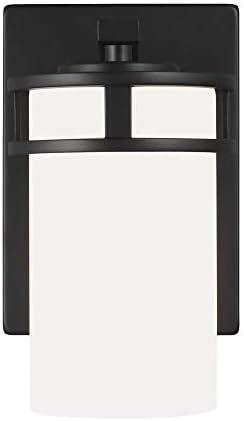 Generation Lighting 4121601-112 Robie Etched/White Glass Cylinder Wall Sconce Lighting Fixture, 1-Light 75 Watt, 8 Inch H x 5 Inch W, Midnight Black, Steel Construction