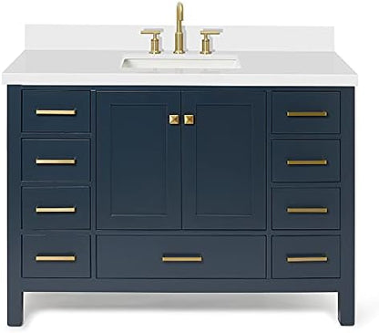 ARIEL Cambridge 48-inch Bathroom Vanity with Sink,Solid Wood, 1.5-inch Pure White Quartz Countertop, Single Rectangular Porcelain Sink, 2 Soft Closing Doors, 9 Dovetail Drawers, Midnight Blue