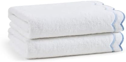 Peri Home 2 Piece Cotton Bath Towel Set, Embroidered, White, Blue Scallop