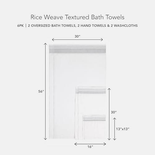 Texere 100% Organic Cotton Rice Weave Jacquard 700 GSM Luxury Bath Towel Sets - 2 Large Bath Towels, 2 Hand Towels, 2 Washcloths (Rice Weave, BRT Wht w/Blk, 6 Piece)