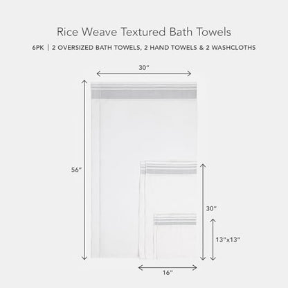 Texere 100% Organic Cotton Rice Weave Jacquard 700 GSM Luxury Bath Towel Sets - 2 Large Bath Towels, 2 Hand Towels, 2 Washcloths (Rice Weave, BRT Wht w/Blk, 6 Piece)