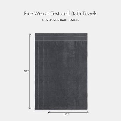 Texere 100% Organic Cotton Rice Weave Jacquard 700 GSM Luxury Bath Towel Sets - Ultra Soft and Absorbent Hotel and Spa Quality (Rice Weave, Charcoal, 4 Bath Towels)