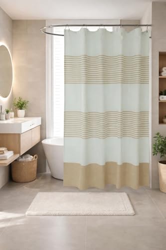 Serafina Home Tan Beige & White Striped Cotton Bathroom Shower Curtain