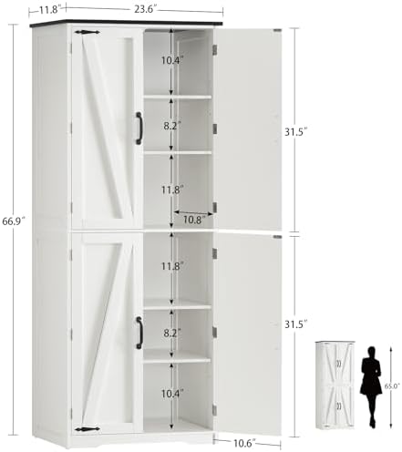 Tall Pantry Cabinet with 4 Doors & 2 Adjustable Shelves, Kitchen Cabinet