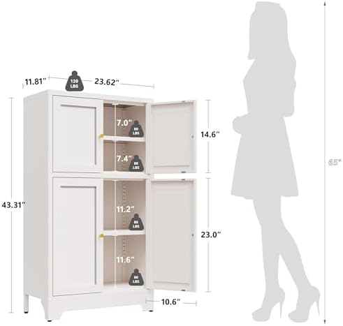 YAUWOH White Bathroom Floor Cabinet, Metal Storage Cabinet with 2 Adjustable Shelves & 4 Doors,Freestanding Sideboard for Dining Room,Living Room, Home Office