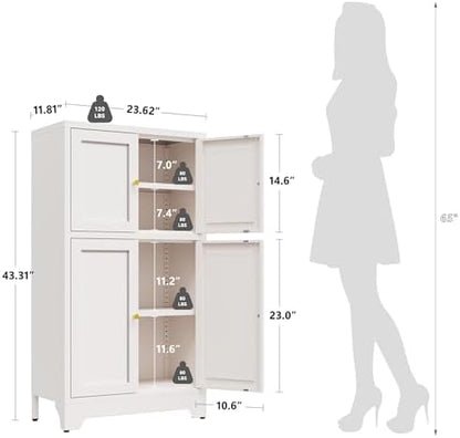YAUWOH White Bathroom Floor Cabinet, Metal Storage Cabinet with 2 Adjustable Shelves & 4 Doors,Freestanding Sideboard for Dining Room,Living Room, Home Office