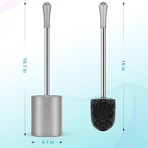 Toilet Brush and Holder Set, with Stainless Steel Handle Toilet Bowl Brush, Compact Toilet Scrubber Brush for Deep Cleaning Bathroom Restroom, Easy to Assemble-Grey