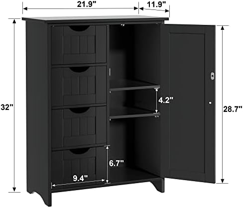 JUMMICO Bathroom Storage Cabinet, Floor Cabinet with 4 Drawers and 1 Adjustable Shelf, Storage Oragnizer for Living Room, Kitchen, Bathroom (Black)