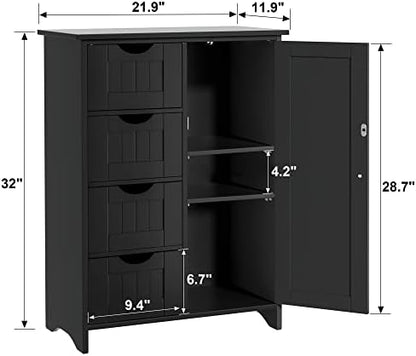 JUMMICO Bathroom Storage Cabinet, Floor Cabinet with 4 Drawers and 1 Adjustable Shelf, Storage Oragnizer for Living Room, Kitchen, Bathroom (Black)