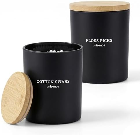 2 Pack Glass Qtip Holder Dispenser Set - Q Tip Holder for Bathroom Canister Qtip Dispenser with Lid for Cotton Balls, Swabs, Floss Picks, and Makeup Sponges ,Black,Large Capacity