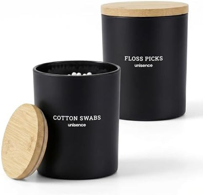 2 Pack Glass Qtip Holder Dispenser Set - Q Tip Holder for Bathroom Canister Qtip Dispenser with Lid for Cotton Balls, Swabs, Floss Picks, and Makeup Sponges ,Black,Large Capacity