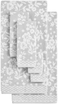 Lucky Brand Folk Floral 6 Piece Bath Towel Set - (2) Bath Towels, (2) Hand Towels, and (2) Washcloths - Glacier Grey Premium Bathroom Towel Set
