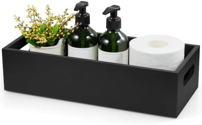 ALELION 15 Inch Black Wood Bathroom Storage Basket with Handles, Toilet Paper Basket for Back of Toilet Tank Top, Wooden Organizer Tray for Bathroom Countertop, Vanity, Kitchen, Pantry, Laundry Room