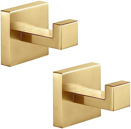 Heavy Duty Stainless Steel Towel Hooks, Wall Mounted Square Robe Hooks for Bathroom, Kitchen, Bedroom, Hotel Brushed Gold 2 Pack
