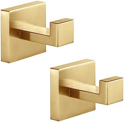 Heavy Duty Stainless Steel Towel Hooks, Wall Mounted Square Robe Hooks for Bathroom, Kitchen, Bedroom, Hotel Brushed Gold 2 Pack