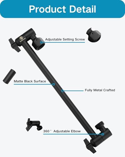 15 Inch Extra Long Adjustable Shower Head Extension Arm With Locking Set Screw, Singing Rain 304 Stainless Steel Angle Height Adjustable, Easy Install, G1/2 Universal Connector Compatible (Matt Black)