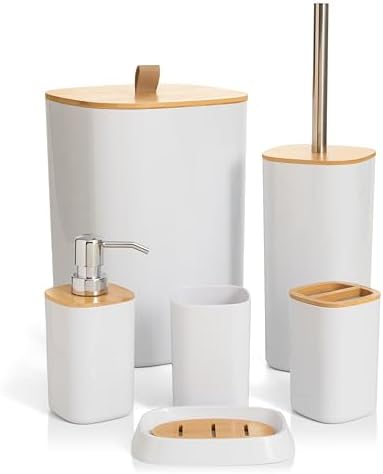 Moss & Stone 6-Pcs White & Bamboo Bathroom Accessories Set, Soap Dispenser