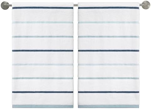 IZOD – Bath Towels, Plush Ringspun Cotton Blend with Striped Design and Dark Hem Finish, Set of 2 (Sandbar Blue)