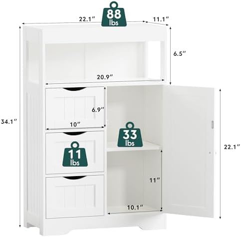 JUMMICO Bathroom Floor Cabinet, Wooden Free-Standing Storage Organizer with 1 Door and 3 Drawers, Bathroom Storage Cabinet for Living Room/Kitchen/Hallway/Home Office (Light White, 3 Drawers)